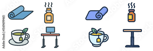 Colorful icons depicting relaxation essentials, tea preparation, and yoga setup at a cozy home setting