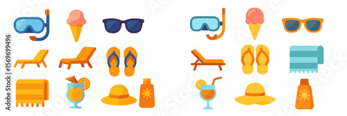 Summer beach essentials including snorkeling gear, sunglasses, and refreshing drinks at a coastal location