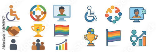 Diverse symbols representing inclusivity and community engagement at a digital workplace event