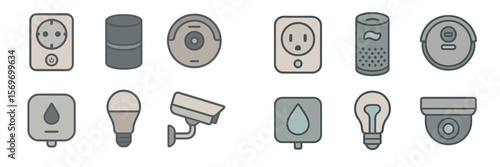 Icons representing smart home technology and appliances in a modern digital interface for daily convenience and security