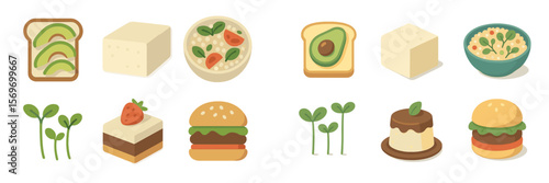 Colorful assortment of plant-based foods displayed in an organized manner on a white background