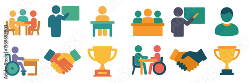 Educational activities featuring diverse learners engaged in discussions and teamwork at a classroom setting