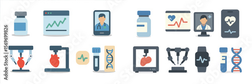 Health technology icons representing medical advancements and telemedicine applications for better patient care