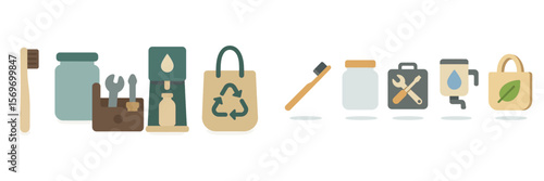 Highlighting eco-friendly tools and items for sustainable living at home through illustrated icons and symbols