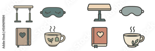 Cozy coffee moments for relaxation with tea, books, and soft sleeping masks at a tranquil setting