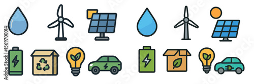 Icons of modern renewable energy: solar panels and wind turbines in an eco-friendly setting