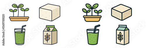 Various plant-based food items displayed including tofu, smoothies, and sprouts in a minimalist style