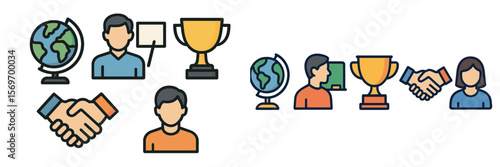 Global collaboration and achievement icons showcasing teamwork and success in various fields