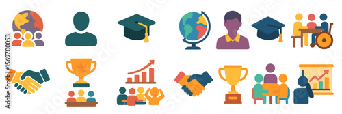 Icons representing collaboration, education, and achievement in a diverse team environment