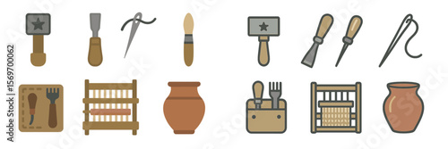 Artisan tools for crafting and pottery displayed on a textured surface in a workshop setting