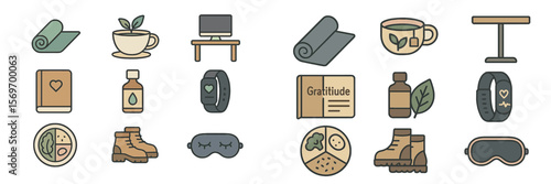 Wellness icons representing relaxation, mindfulness, and healthy habits in a modern home environment
