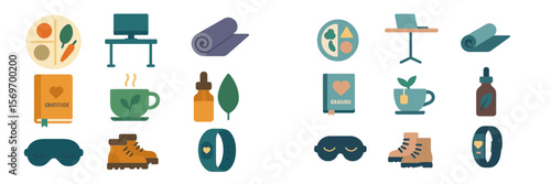 Wellness and self-care icons represented through minimalistic illustrations in a vibrant color palette