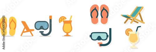 Summer beach essentials include flip-flops, snorkeling gear, and refreshing cocktails