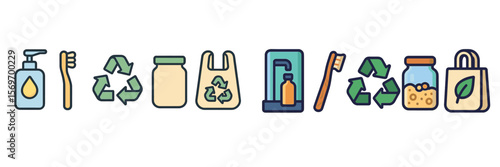 Icons representing eco-friendly habits and recycling symbols promoting sustainability and responsible consumption in daily life