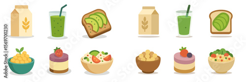 Colorful assortment of healthy food items featuring smoothies, avocado toast, and desserts on a white background