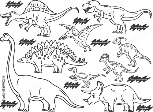 さまざまな恐竜（線画）のイラストセット