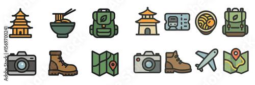 Travel icons featuring landmarks, food, and adventure gear for outdoor enthusiasts