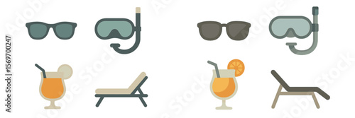 Sunny beach accessories including sunglasses, snorkel gear, and refreshing cocktails for summer relaxation