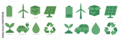 Green energy icons represent renewable solutions for a sustainable future in an eco-friendly design