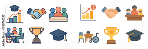 Educational achievements and teamwork icons representing growth, collaboration, and success in learning environments
