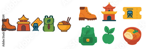 Exploring diverse cultures through travel icons including food, nature, and adventure gear