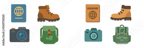 Travel essentials for adventure seekers with gear and document icons ready for exploration