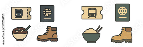 Travel essentials for an adventurous trip with food and exploration activities in a diverse environment