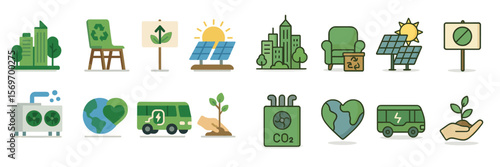 Collection of eco-friendly icons representing sustainability and environmental initiatives in urban settings