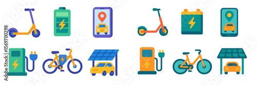 Electric transport icons showcase various green mobility options with charging features and solar energy elements for modern urban travel solutions
