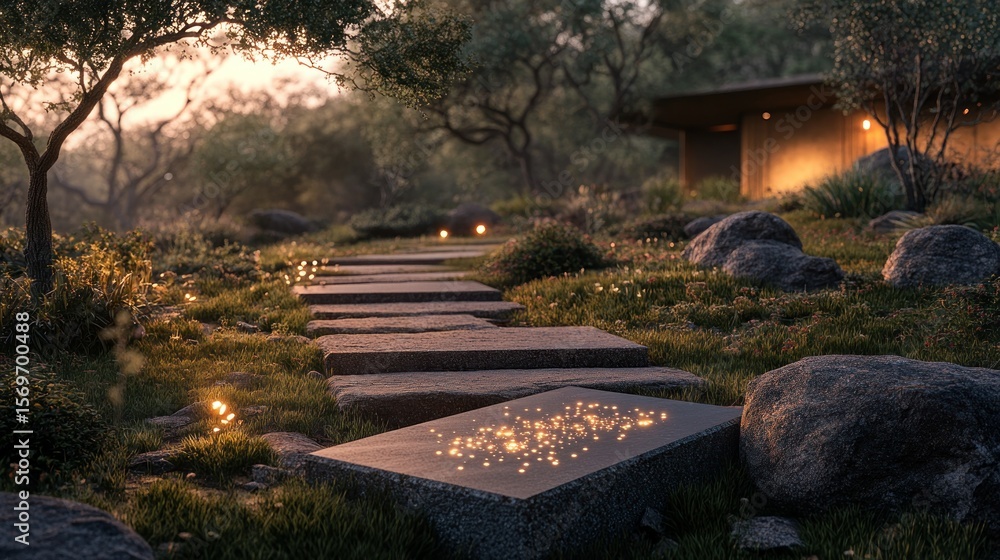 Obraz premium Stone path winds through landscaped garden at sunset
