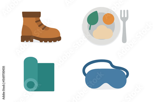 Outdoor adventure essentials including hiking boots, nutritious meals, yoga mat, and virtual reality headset for an active lifestyle