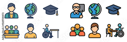 Illustration of various educational and global themes featuring diverse individuals and symbols of learning