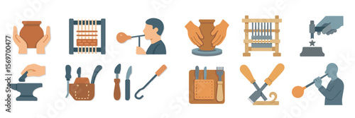 Creative artisans showcase their skills in various crafts including pottery, leatherwork, and metalworking in a vibrant workshop environment