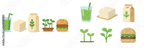 Healthy plant-based products and ingredients featuring smoothies, tofu, and burger alternatives for wholesome meals