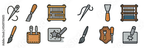 Crafting tools including needles, brushes, and molds for various artistic activities and projects displayed in a neat arrangement