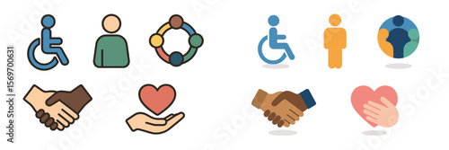 Icons representing inclusivity, community, and support for individuals of all abilities showcased in a vibrant design
