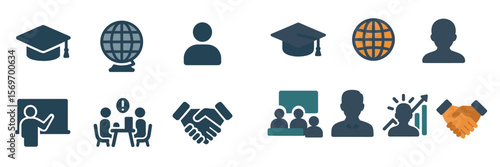Icons representing education, teamwork, and collaboration in a modern learning environment