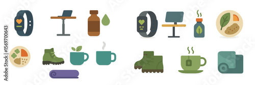 Health and wellness icons representing fitness, nutrition, and relaxation in a modern lifestyle setting