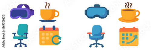 Virtual reality equipment and coffee cups in a creative workspace setting during a busy workday