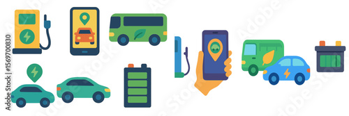 Green transportation concepts featuring electric cars, charging stations, and eco-friendly vehicles for a sustainable future