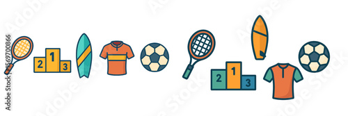 Competitive sports symbols including trophies, surfboards, and athletic gear displayed in a colorful arrangement