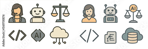 Icons representing artificial intelligence and legal concepts featuring human and robot interaction in a digital environment