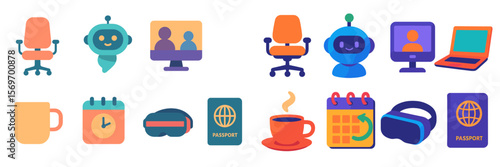 Collection of colorful icons depicting various tools and technologies for remote work and travel