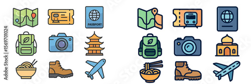 Travel essentials and icons representing exploration, including maps, passports, and various travel items, arranged in a colorful design