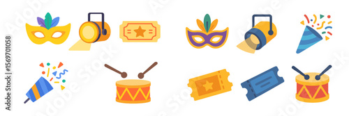 Colorful carnival symbols showcasing masks, drums, and party accessories in a festive arrangement