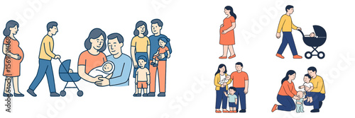 Vector illustration of modern family life. Parents holding babies, walking with children, pushing strollers, and pregnant women. Family relationships, care, and parenthood concept.