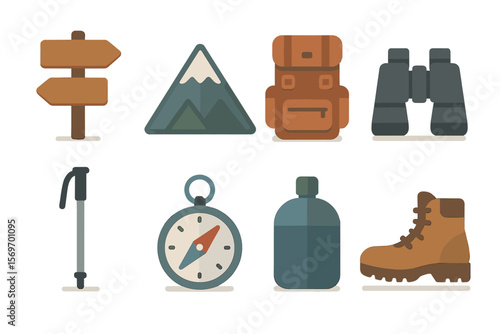 Outdoor adventure essentials featuring navigation tools, hiking gear, and nature elements in a minimalist design