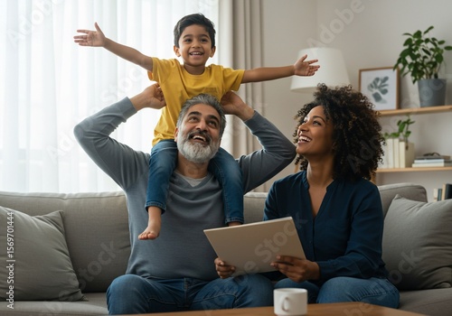 Joyful family moment: Son on father's shoulders, mother smiling, indoor scene