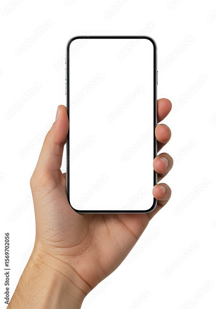 Hand holding a modern smartphone with a blank white screen isolated on transparent background Hand holding a modern smartphone with a blank white screen isolated on transparent background