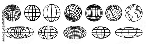 Set Of Hand-Drawn Globe Icons. World Planet Earth Comic Sketched Signs.